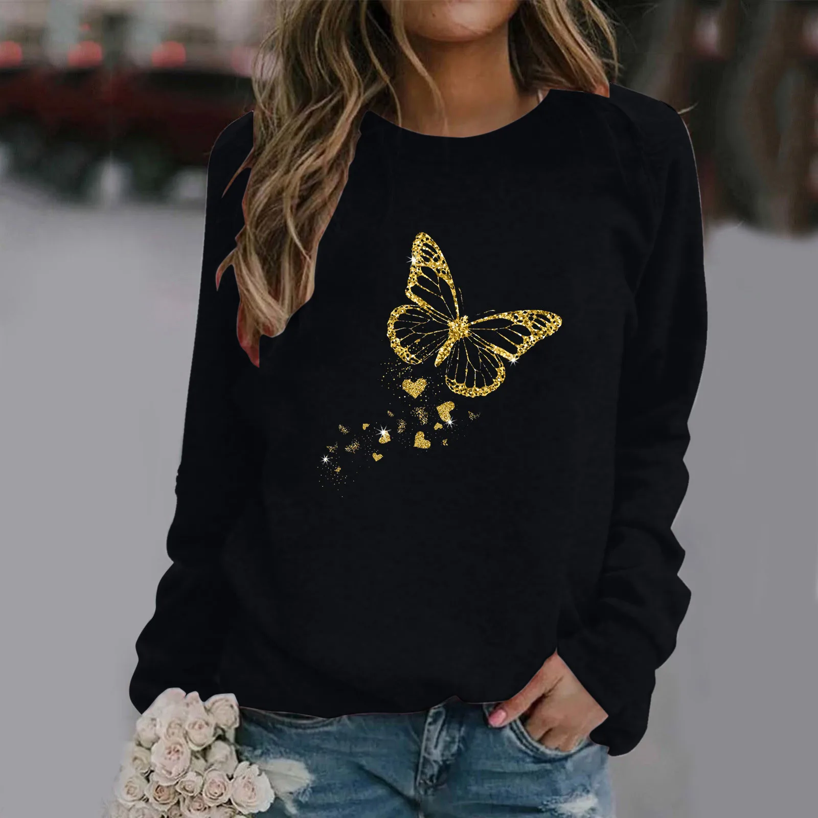 

Black Goth Sweatshirt Womens Butterfly Print O Neck Pullover Top Loose Oversized Hoodies Outfits Aesthetic Kpop Moletom Feminino