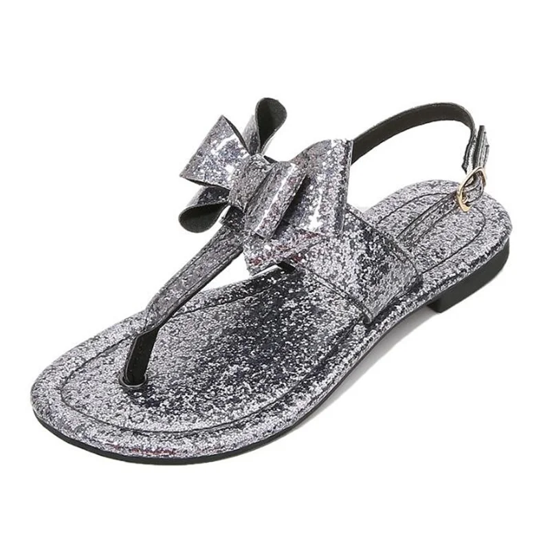 Women's Sequin Bow Fashion Sandals Low Heel Flat Roma Shoes Casual Beach Outdoor Flip Flop Sandals Metal Decoration Ladies Flat