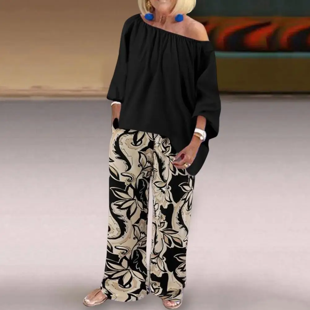 

Print 2 Pcs/Set Trendy Wide Leg Spring Tops Pants Set Deep Crotch Autumn Blouse Suit Leisure for Home