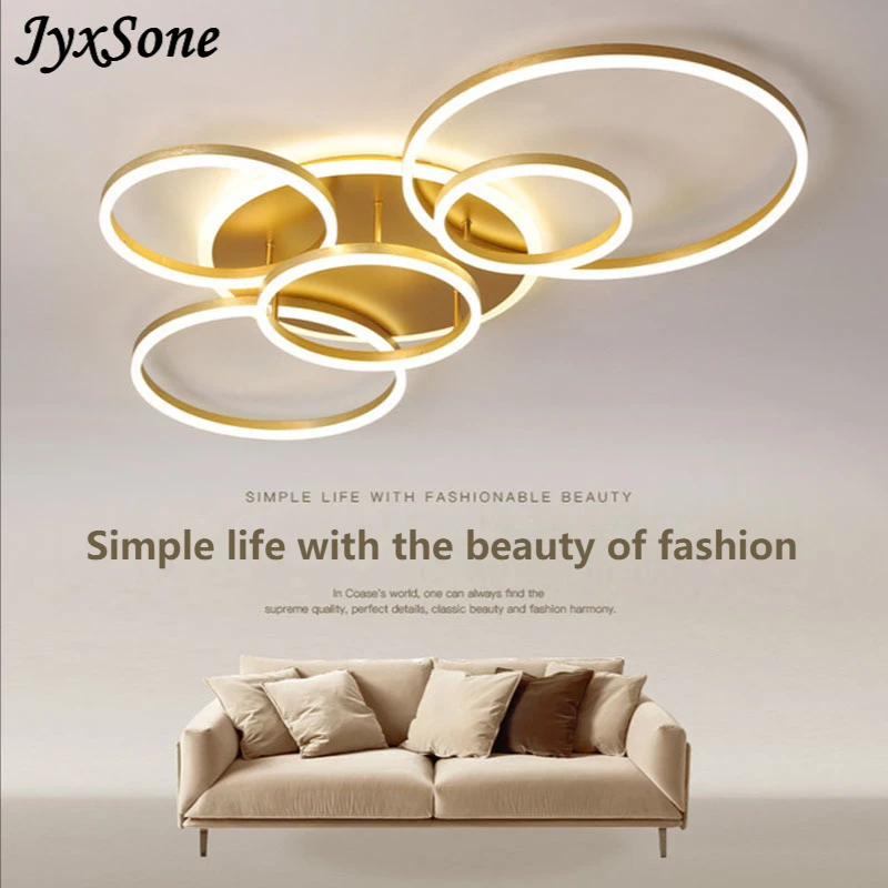 Modern Smart Home LED Luxury Gold Ring Ceiling Pendant Lights Living Room Bedroom Decoration Remote Control Dimmable Lamps