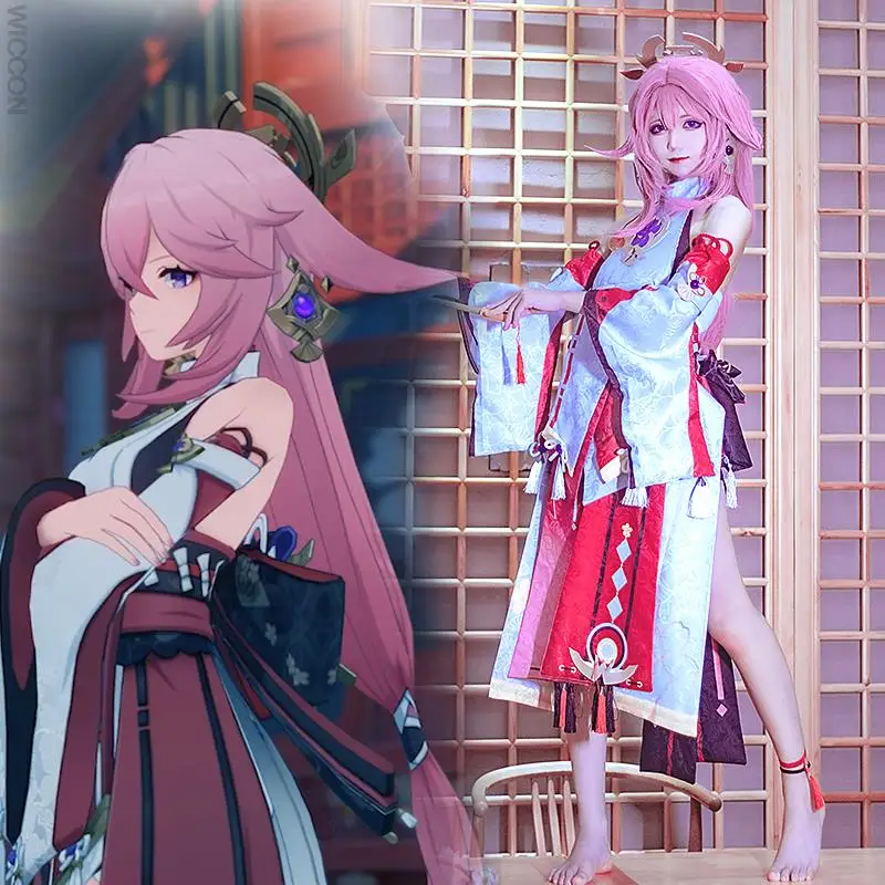 

Genshin Impact Yae Miko Cosplay Costume Uniform Jacquard Fabric Wig Anime Chinese Style Halloween Costumes for Women Game