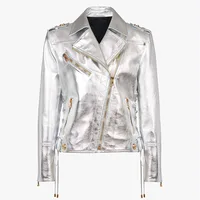 New Designer Silver PU Leather Jacket Women Lacing Up Metallic Synthetic Faux Leather Motorcycle Biker Jackets 2022 High Quality