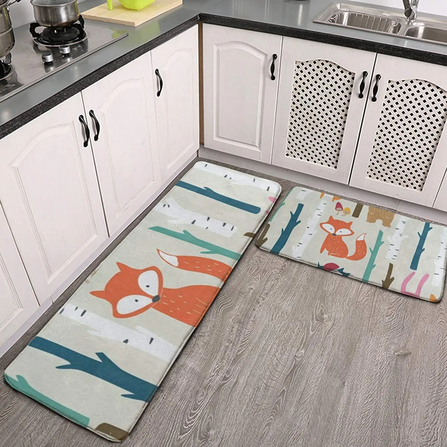 

Anti Fatigue Kitchen Mat Set of 2 Cartoon Cute Forest Fox Squirrel Hedgehog Rabbit Rug Floor Mats Carpet Long Hallway Runner Pad