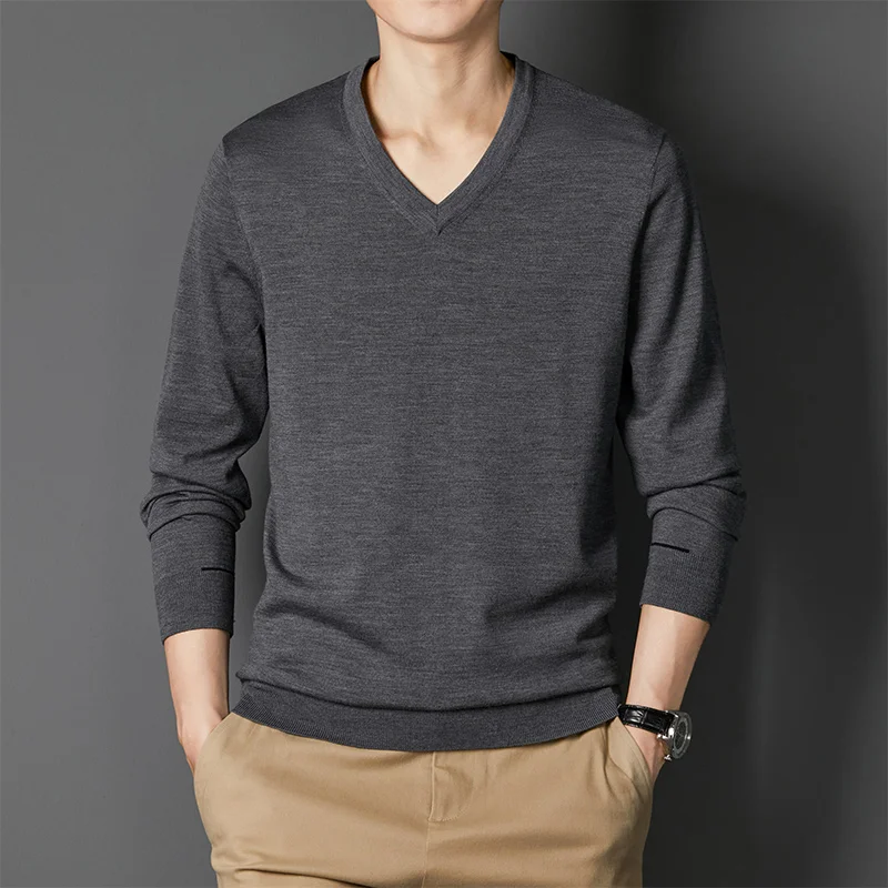 

Spring New Worsted Woolen Sweater Male V-neck Thin Solid Color Long Sleeve Pullover Leisure Knitted Bottoming Shirt