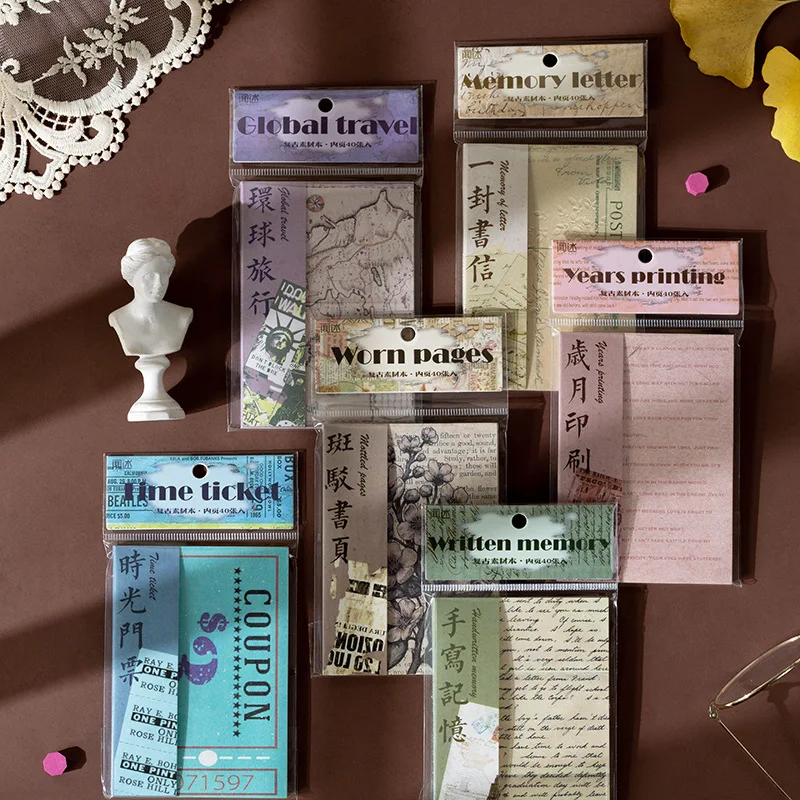 

MOHAMM 40 Sheets Vintage Material Paper for Diary DIY Projects Scrapbooking Memo Decoration Creative Stationary School Supplies