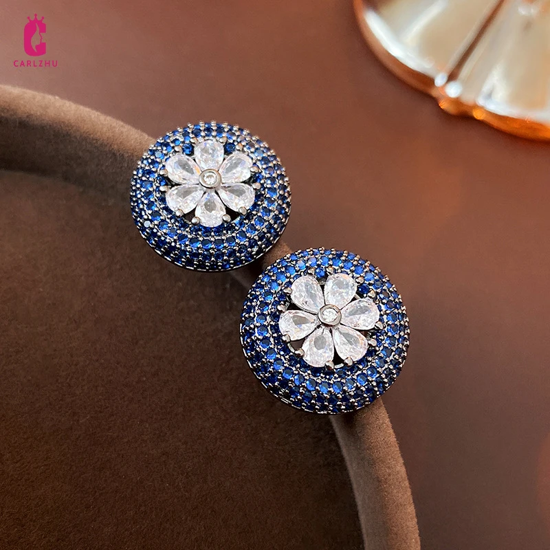 

Роскошные круглые серьги-гвоздики в виде синего цветка с фианитом для женщин и девушек, модные изысканные украшения для свадебной вечеринк...