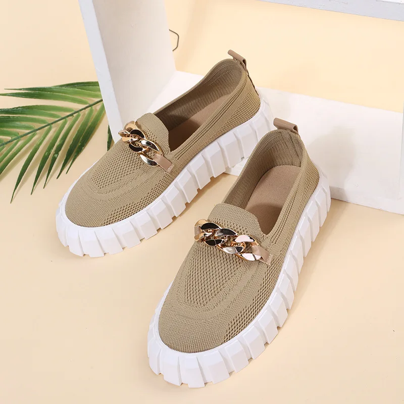 

Spring Summer Metal Chain Women's Flats Woman New Knitting Solid Color Round Toe Thick Bottom Ladies White Shoes Size 43