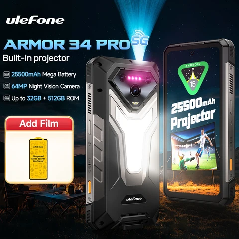Ulefone Armor 34 Pro 5G AI Защищенный Смартфон 25500mAh до 32GB+512GB Встроенный проектор 120Hz 6.95 NFC Прочный телефон Светодиодный Свет IP69K 64MP ночного видения мобильный телефон