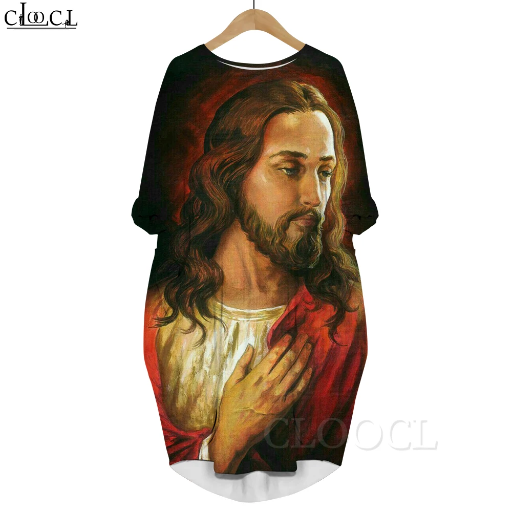 

CLOOCL Popular Fashion Dress Founder of Christianity Jesus 3D Printed Loose Dress Long Sleeve Pocket Dress Evening Dresses