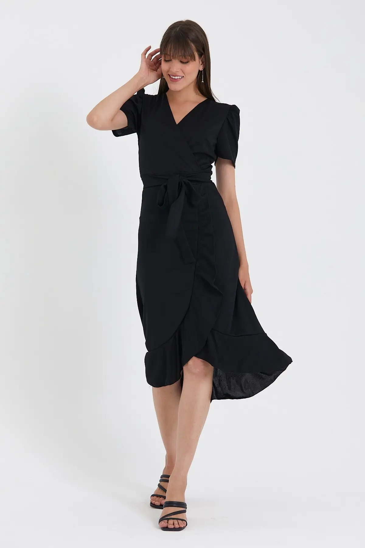 

Kcrepe Fabric, Midi Boy, Skirt Flywheel Black Dress Double-Breasted Polyester Pencil Collar Short Thin Unlining Without Stylish/night Belted