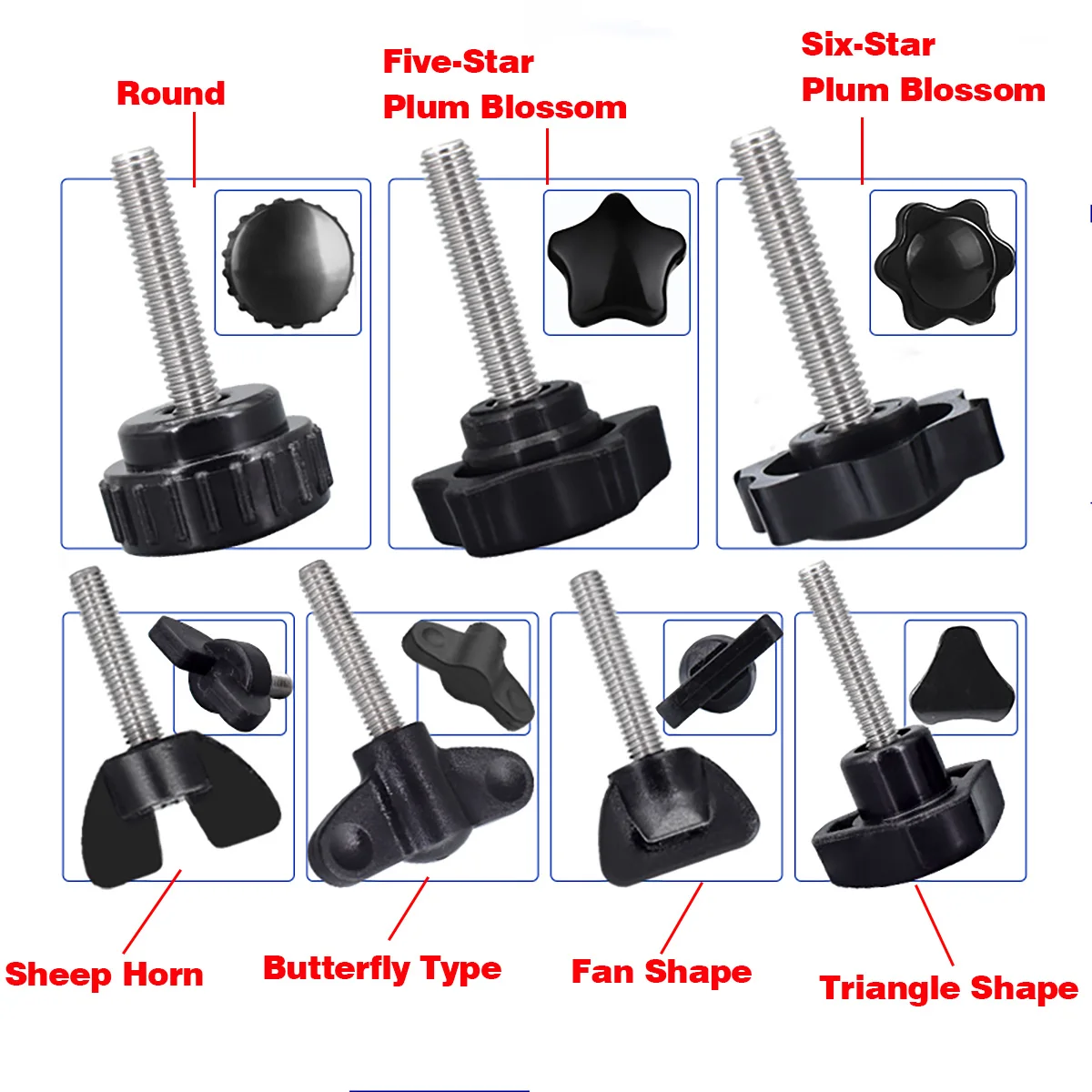 

304 Stainless Steel Triangular / Circular / Butterfly Hand Screw, Plum Blossom Handle, Rotating Rubber Head Bolt