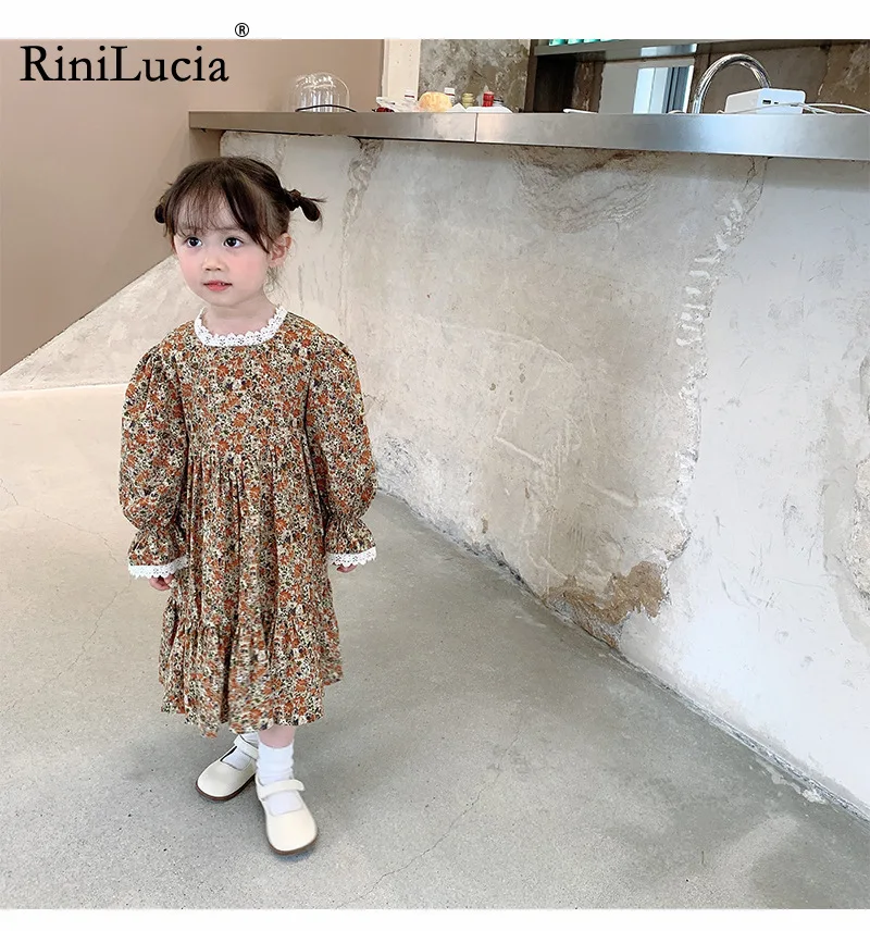 

RiniLucia Girls New Summer Children Dress Kids Girls Long Sleeve Flower Print Dress Cotton Princess Dresses Girl Floral Dress