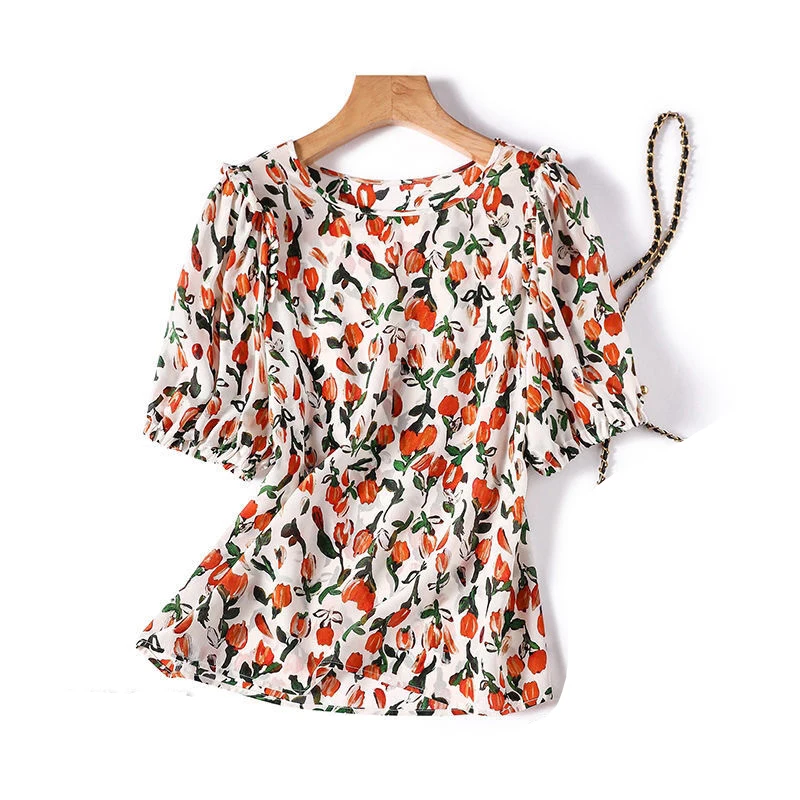 Printed chiffon T-shirt women's short-sleeved 2022 summer new loose top women's  vintage  blouse for women  Floral