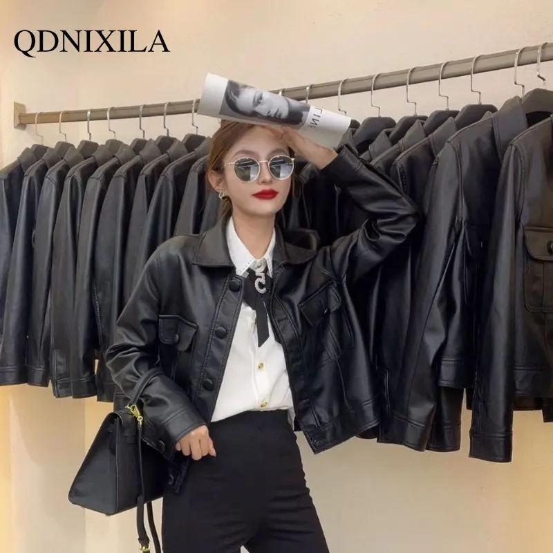 2023 Early Spring Imitation sheepskin Coat for Women New Single Breasted Leather Jacket Women Lapel Casual Street Short Jackets