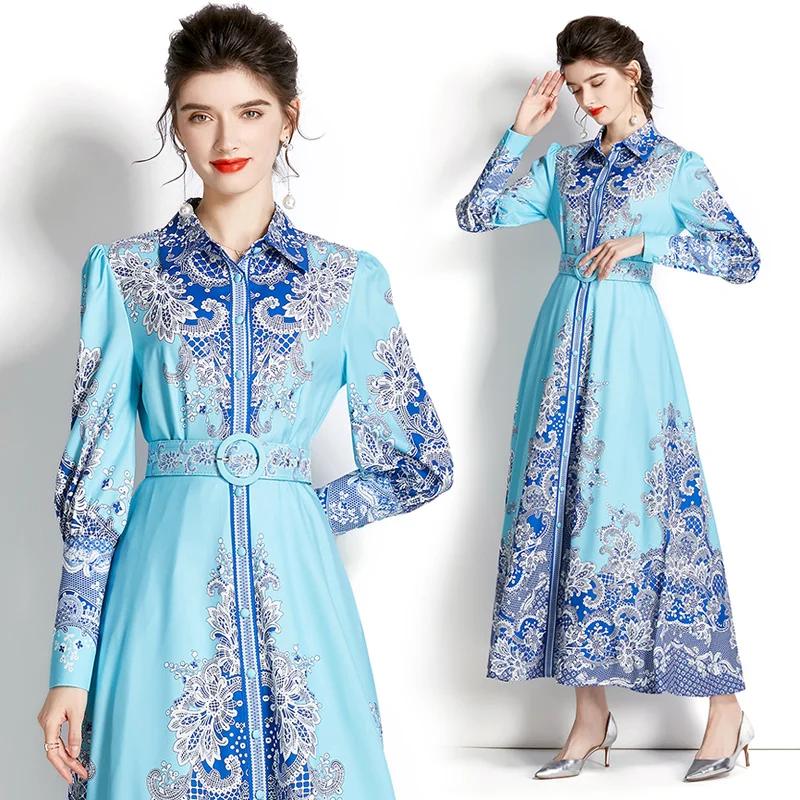 

Платье KL6638078 в стиле ретро с отложным воротником, одним дверным отложным воротником, рукавами-фонариками и принтом, 2023