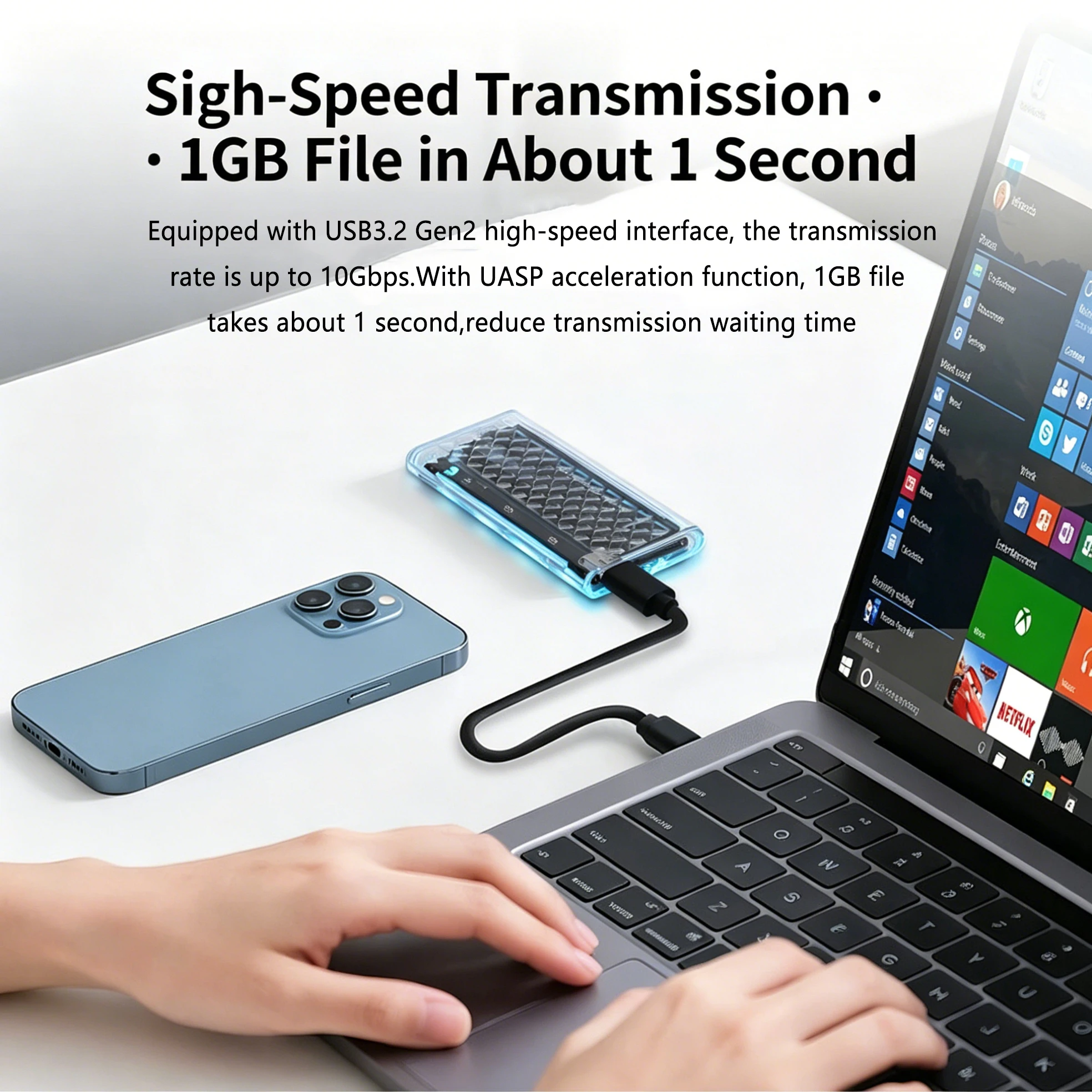 Фото Внешний корпус-адаптер Kebidumei M.2 NVMe SATA SSD 10 Гбит/с USB 3.2 Gen2 с прозрачной RGB-подсветкой, поддержка ключей M и B&M №3