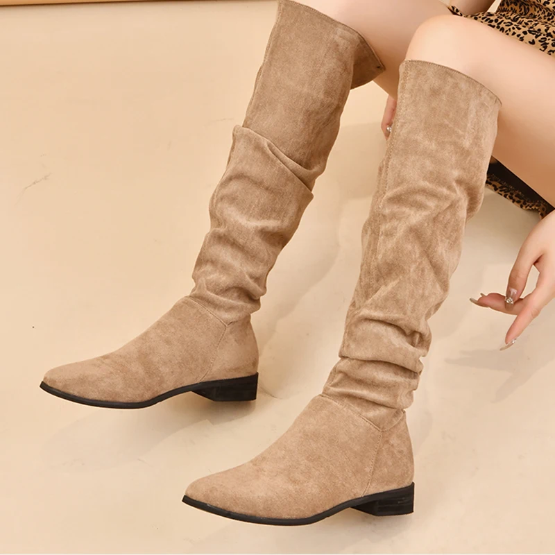 

Women Shoes Warm Knee High Chelsea Snow Boots New 2022 Autumn Winter Slip on Round Toe Mid Heels Suede Block Shoes Boots Women