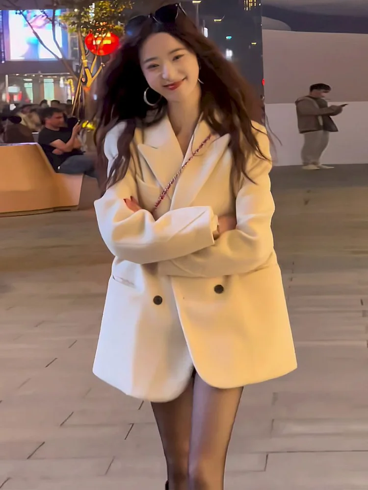 

Пиджак UNXX в Корейском стиле с наплечниками, однотонный двубортный Свободный Повседневный Блейзер, офисные женские жакеты с английским воротником