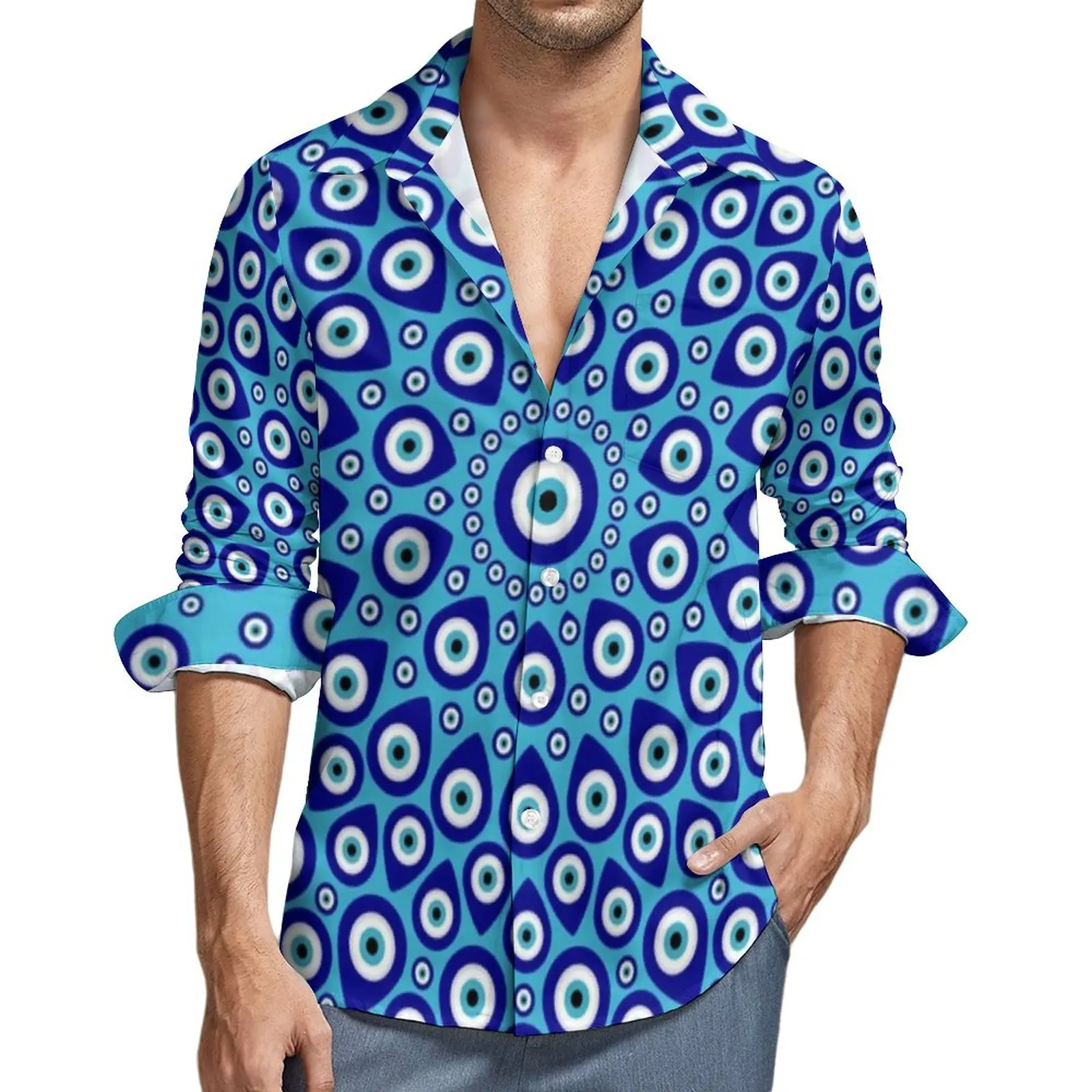 Evil Eye Nazar Casual Shirts Male Greek Amulet Print Shirt Long Sleeve Fashion Stylish Blouses Autumn Design Clothing Plus Size