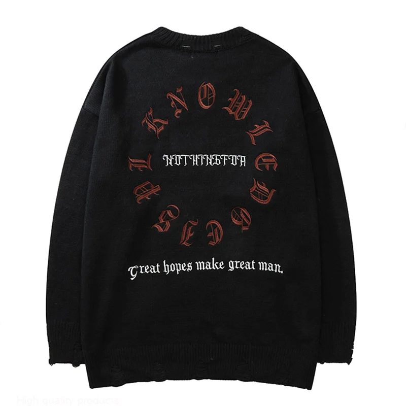 

Streetwear Destroyed Hole Knitted Sweaters Mens HipHop Harajuku Letter Printed Oversized Pullovers Unisex Men Clothes pull homme