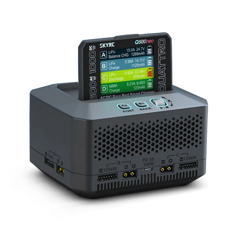 Фото Зарядное устройство SKYRC Q500neo с 4 портами по 25А, выходной мощностью 500 Вт, 16-битным ARM-контроллером, регулируемым источником питания для LiPo, LiFe, Li-ion, LiHV, NiMH, NiCd, Pb. №3