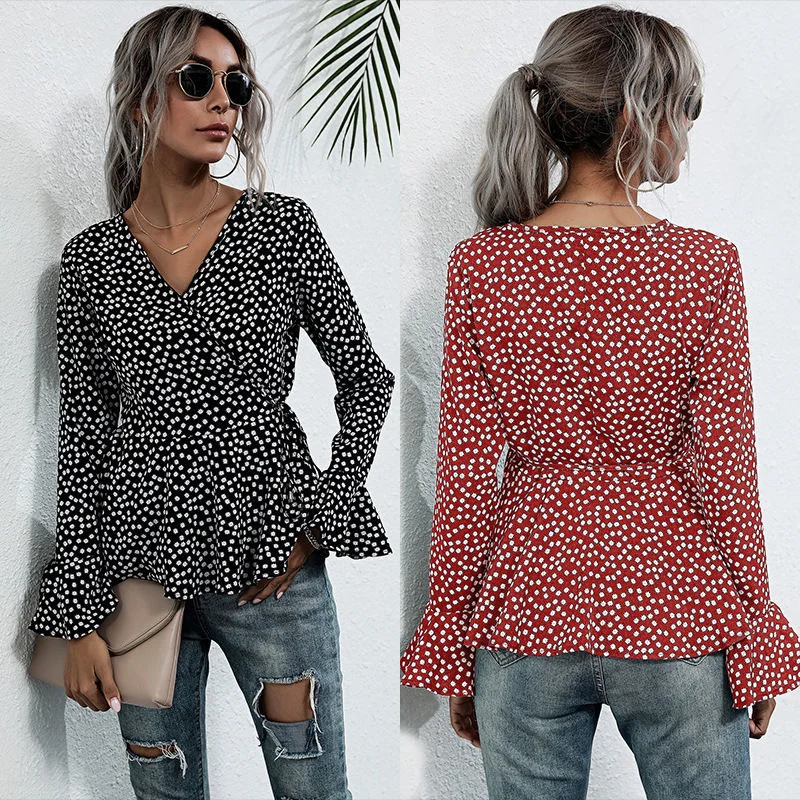 2022 autumn red fashion V-neck top slim long sleeve wave dot bottomed blouse women