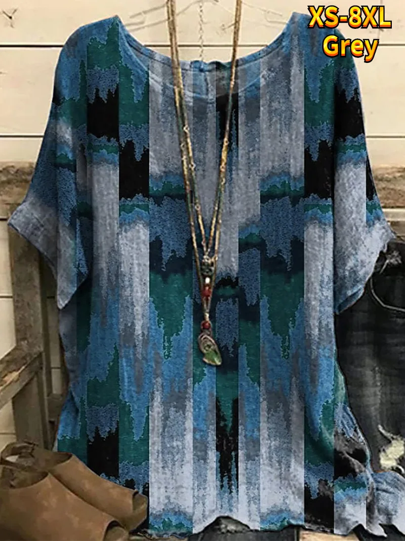 

New Round Collar Vintage Flower Printing Top Retro Pullover Summer Loose Short Sleeves Oversized Tee Shirt Fashion Tshirt XS-8XL