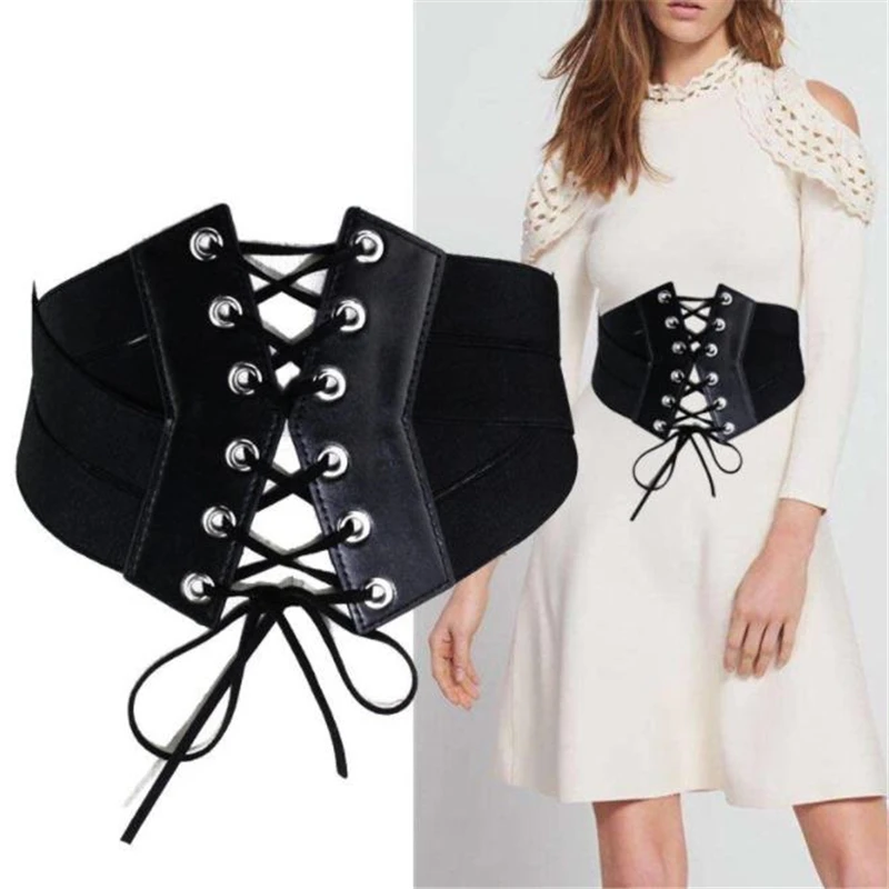 

Women's Fashion Elastic Stretch Wide Band Corset Buckle Waist Belt Waistband Corset Around Cinch PU Leather Bowknot