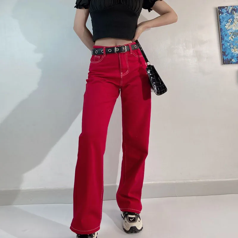 

Women Baggy Jeans Korean Fashion High Waist Denim Trousers Red Straight Leg Pants Stretch Boyfriend Casual Loose Streetwear