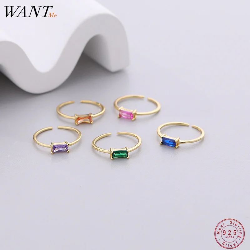 

WANTME 925 Sterling Silver Fashion Simple Square Colored Zircon Opening Finger Ring for Women Chic Teenager Daily Jewelry Wear