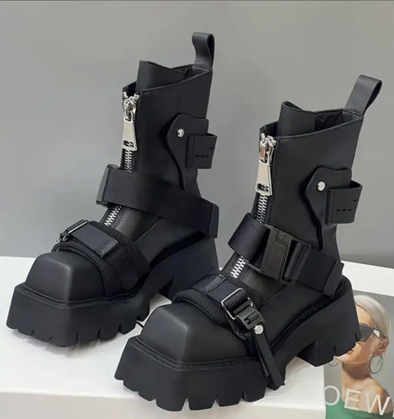 

Женские ботильоны на молнии, черные, белые ботильоны с квадратным носком и пряжкой, дизайнерские ботинки на платформе с ремешком