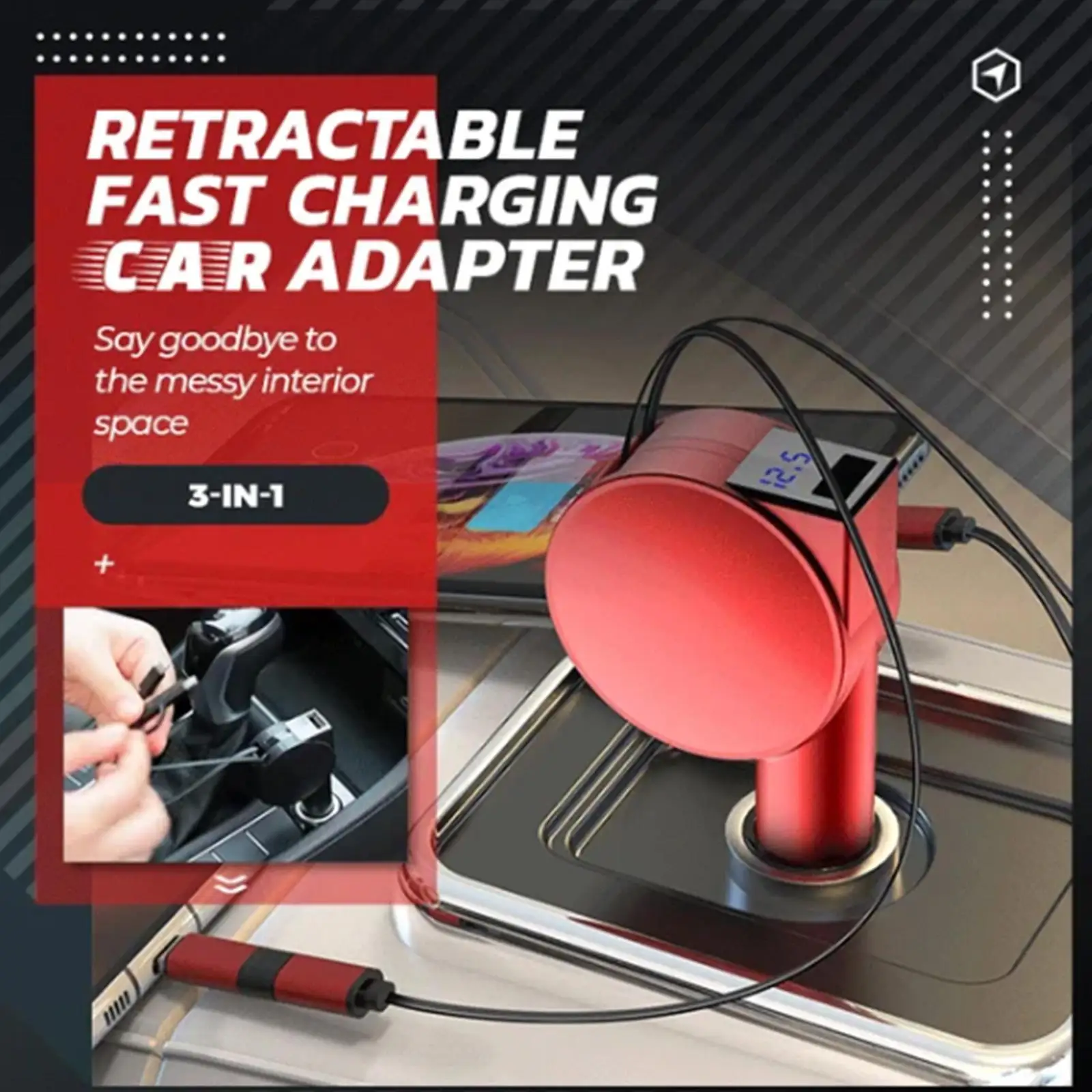 

3-in-1 Retractable Fast Charging Car Adapter Car Charger Car USB Socket QC4.0+PD Fast Charge For iPhone Android Type-C Phon W6R3