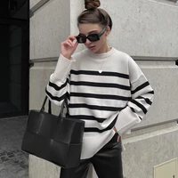 ladies autumn winter striped knitted loose sweater women pullover tops long sleeve o neck casual streetwear women sweater female