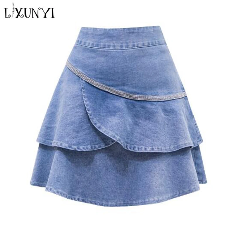 

LXUNYI Ruffled Denim Skirt Women 2022 Spring New Sweet Ruffle Ball Gown Cake Skirt Rhinestone High Waist Slim Short Skirt Blue