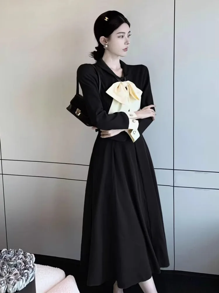 

Autumn Korean Fashion Elegant Two Piece Set Women Bow Tie Coat + Long Skirt Suits French Vintage Small Fragrance 2 Piece Outfit