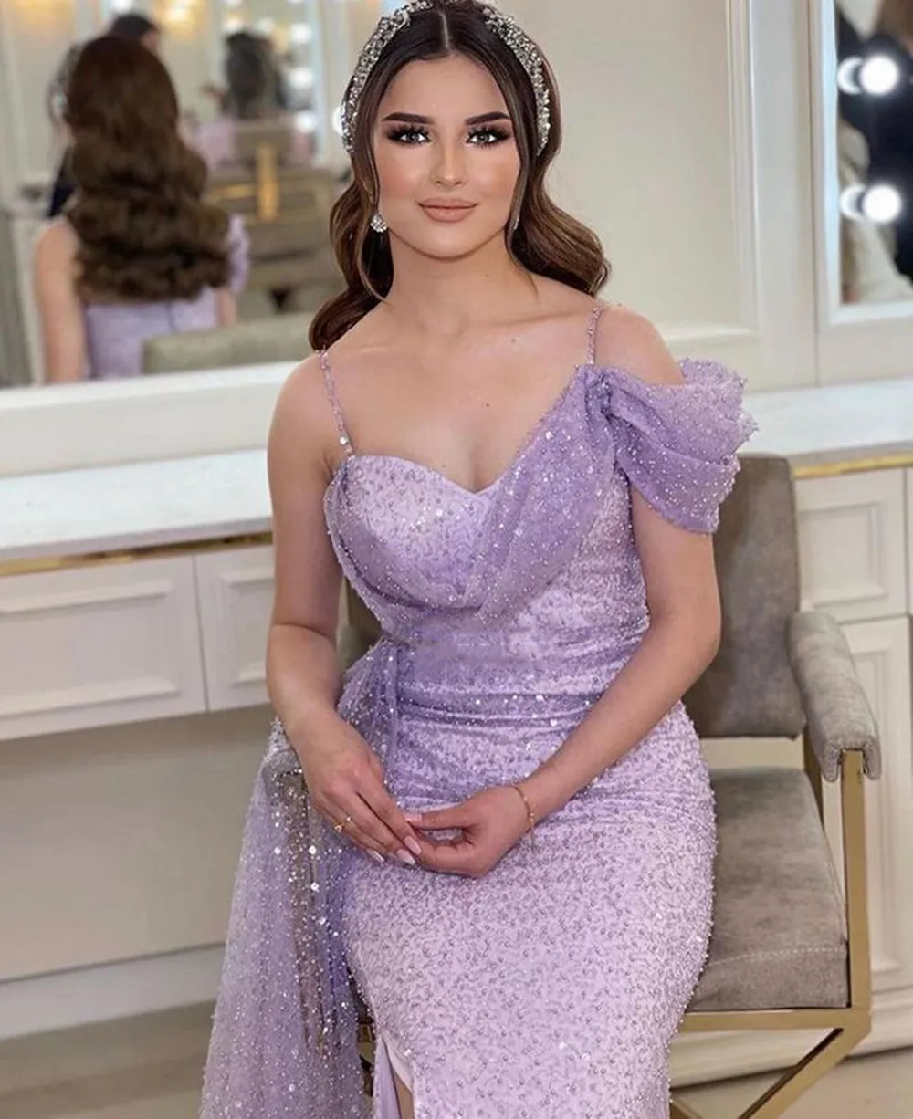 

Elegant Lilac Prom Dresses Long Glitter Spaghetti Straps Split Side High Sexy Evening Gowns robe de soirée Formal Occasion Dress