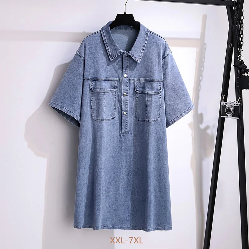 2022 Fashion Women Summer Denim Dress Short Sleeve Jeans Dresses Casual Tops Lady Vintage Cozy Straight Dresses XXL-7XL JH850