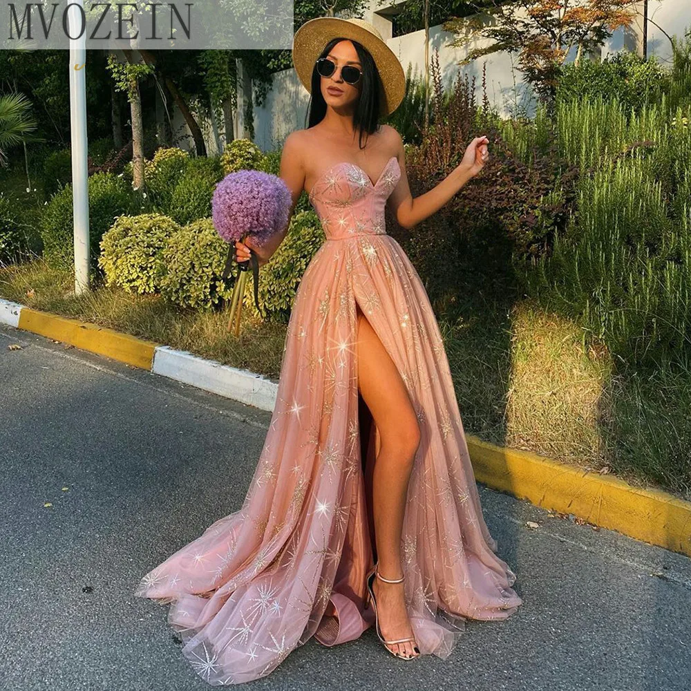 

Mvozein Glitter Pink Prom Dress Strapless Sleeveless High Split Prom Dresses Woman Party Night Floor Length Robe de soiree
