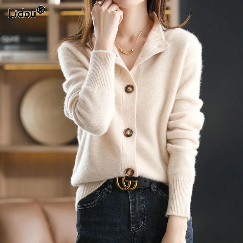 

Stand-UP Collar Solid Temperament Button Women's Clothing Korean Knitting New Sweaters Single Breasted Autumn Winter Cardigan