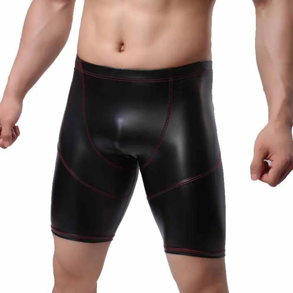 

Men's Sexy Faux Leather Black Tight Boxer Panties Fashion Middle Waist 5-Point Pants Casual Leather Pants Solid Homewear