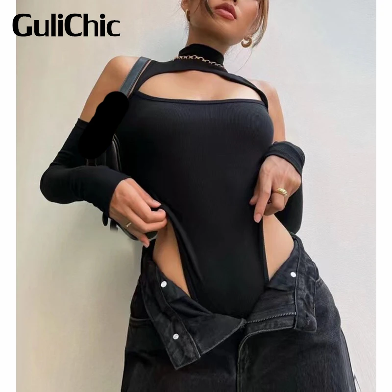 

4.5 GuliChic High Street Sexy Hollow Out Off Shoulder Long Sleeve Stretch Slim Knitted Bodysuit Women