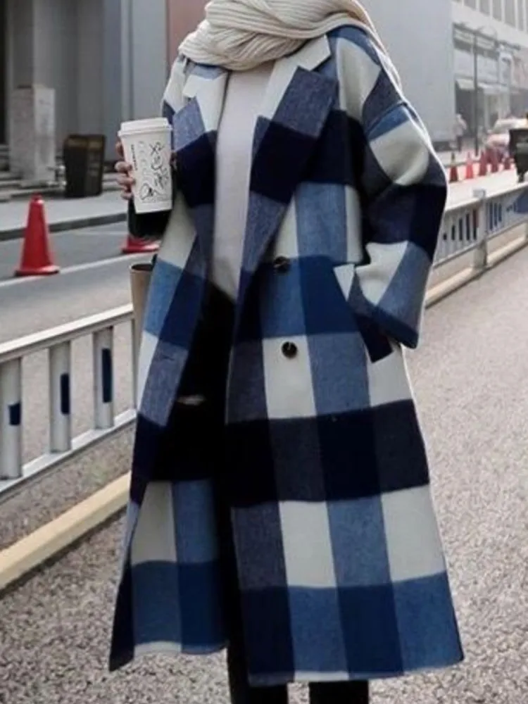 

Casual Loose Winter Midi Women Woolen Coats Plaid Elegant Slim Streetwear Warm Overcoat Femme Fashion Oversize Cloak Clothes