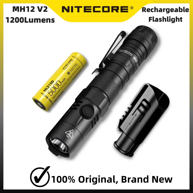 NITECORE MH12 V2 1200Lumens USB-C Rechargeable Flashlight Throw of 202 Meters  Include 5000mAh NL2150 Battery