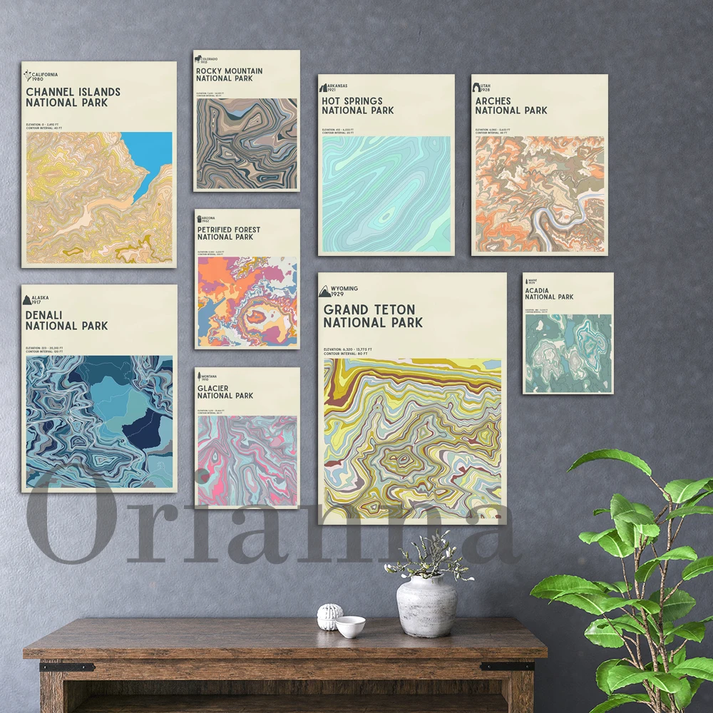 Рисунок на стену ледник Денали денала, серия фильмов о государственных парках, топографическая карта контура, художественные постеры для музеев