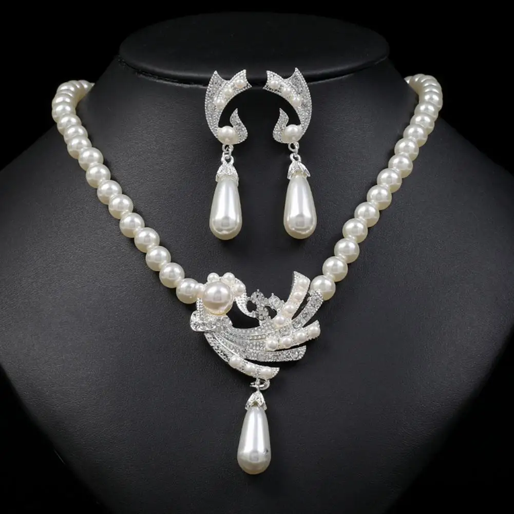 

Women Necklace Earrings High Gloss Shiny Extension Chain Decor Gorgeous Rhinestone Imitation Pearl Necklace Jewelry Set