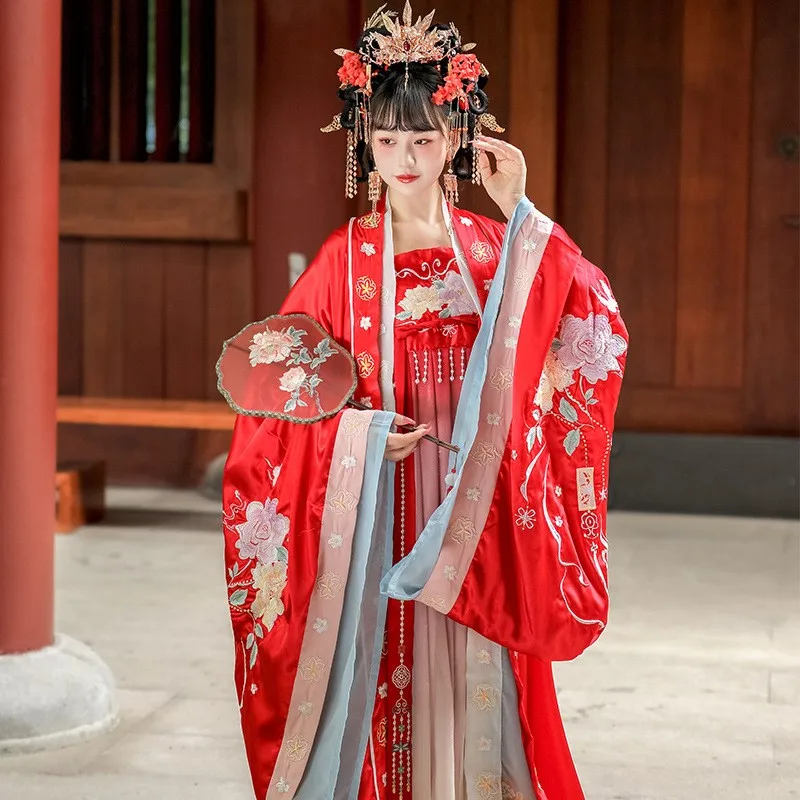 Hanfu женская красная рубашка с большими рукавами и вышивкой Чеховская юбка в