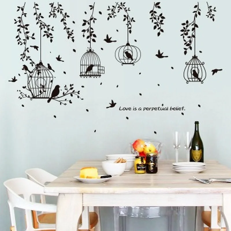 

PVC Wall Sticker Birds Black Cage Tree Leaf Sofa Dining Room Bedside TV Bedroom Self Adhesive Decals Poster Home Decoration