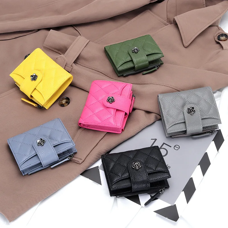 Short Wallet Women Caviar Leather Purse Mini Quilting Design Small Card Holder Female Zipper Coin Pocket Hasp Bifold Wallets
