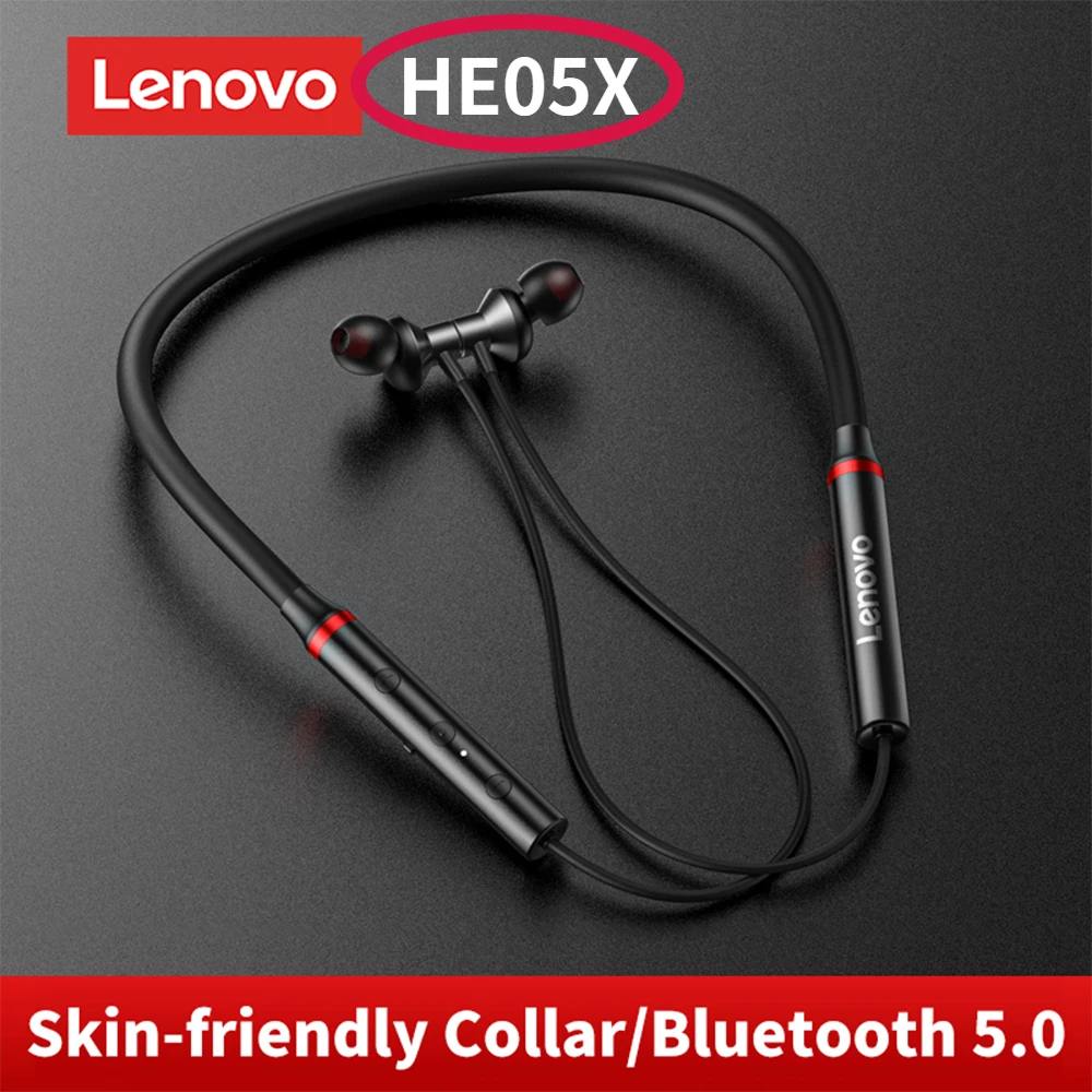 Lenovo-auriculares inalámbricos HE05X con Bluetooth 100%, dispositivo de audio impermeable, para el cuello con banda magnética, 5,0 Original