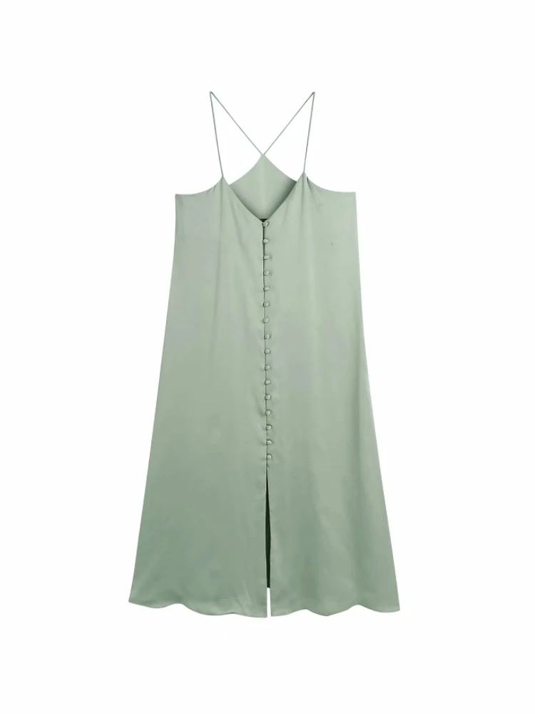 

Summer Women Single Breasted Satin Suspender Midi Dress Female Sleeveless Clothes Casual Lady Loose Vestido D7563